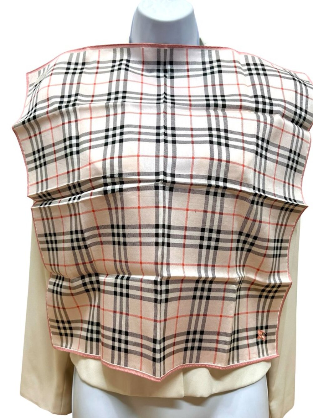 New- Burberrys mini scarves /neck-kerchief19.5"x19.5 Pink  gray black check (99) - Picture 6 of 10